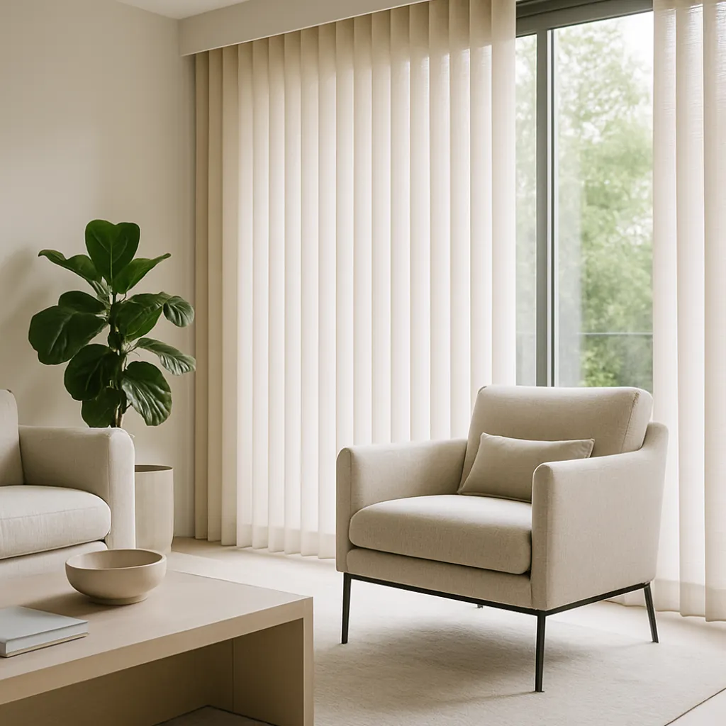 Verticale lamellen in lichte stof voor een moderne woonkamer met grote ramen.