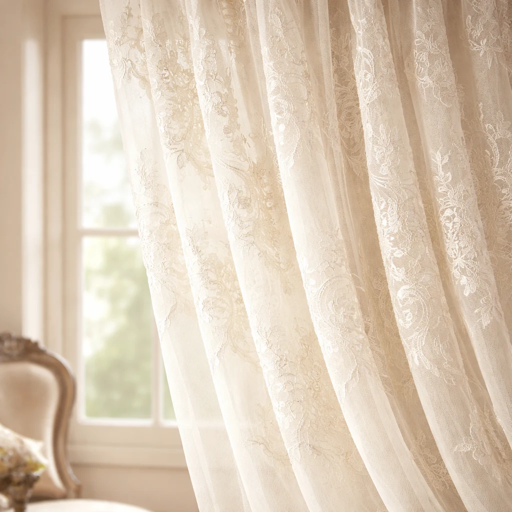 Elegante klassieke vitrage in ivoor met floral kant patroon en jacquard borduurwerk.