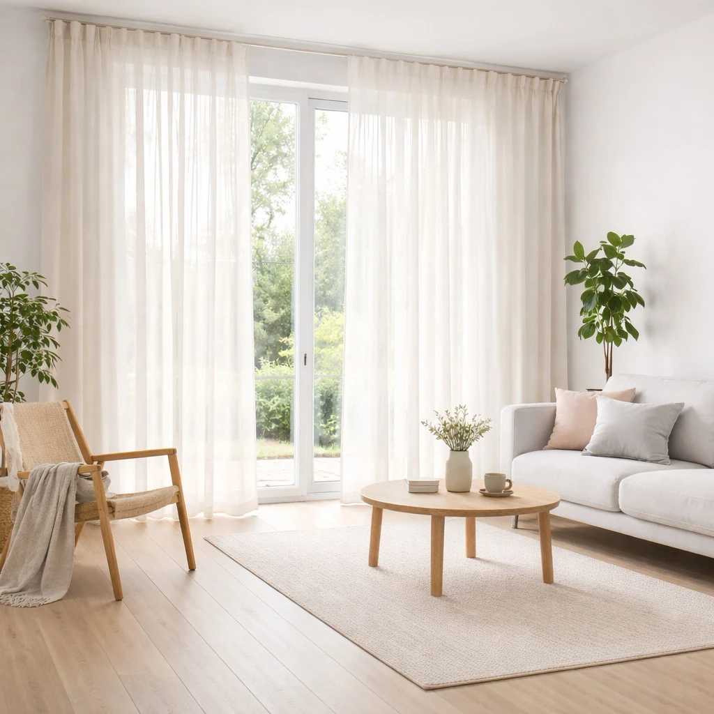 Scandinavische vitrage gordijnen in linnenlook met zachte lichtinval in een modern Scandinavisch interieur